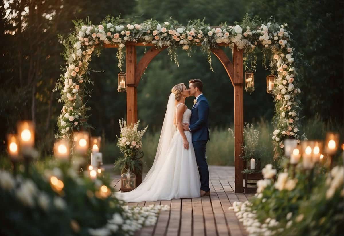 A wedding altar adorned with flowers, candles, and greenery. A rustic wooden arch frames the scene, with soft lighting creating a romantic atmosphere