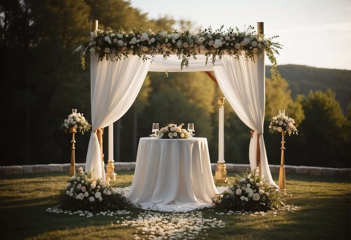 A wedding altar adorned with flowers, candles, and draped fabric, set against a scenic outdoor backdrop
