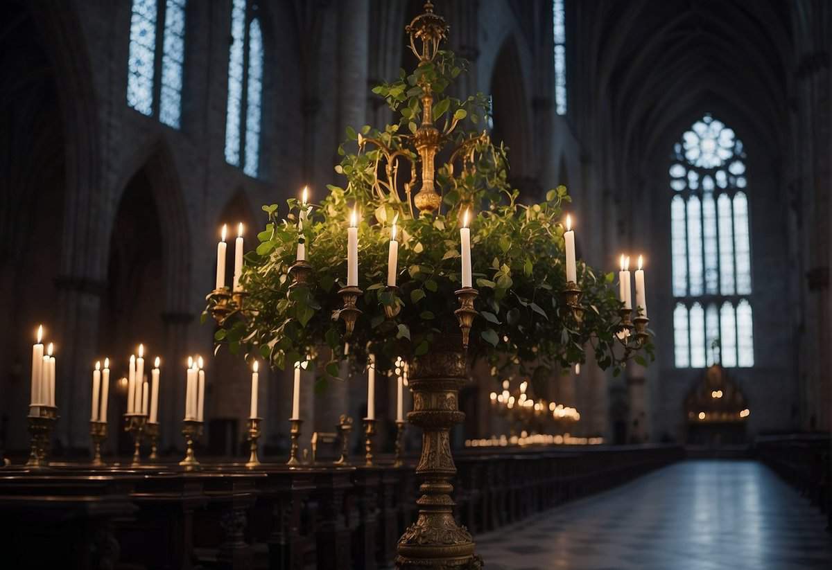 A dark, candle-lit cathedral with overgrown ivy and gothic arches, adorned with black roses and ornate candelabras