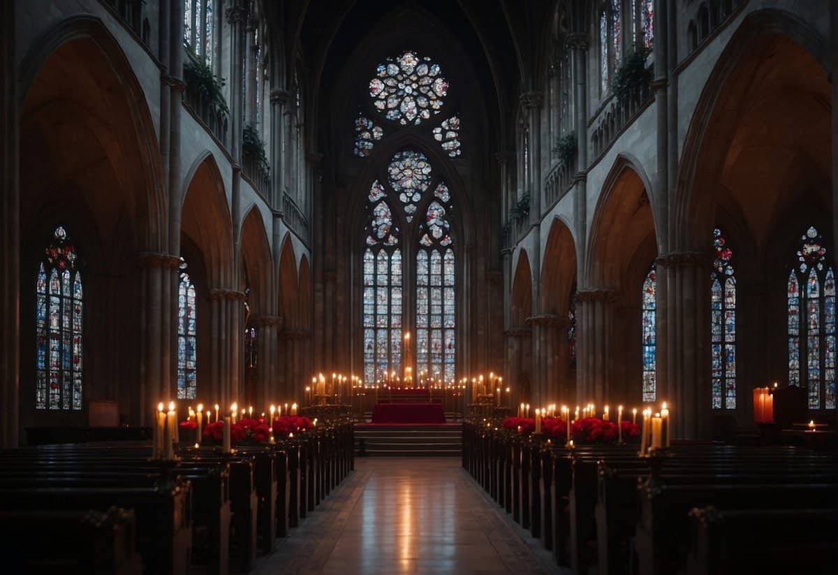 A dark, candlelit cathedral with ornate stained glass windows and gothic arches. A black velvet draped altar adorned with blood red roses and flickering candles