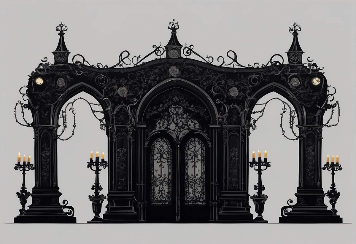 A gothic wedding scene with black roses, candelabras, and a dramatic archway adorned with dark fabric and ornate details