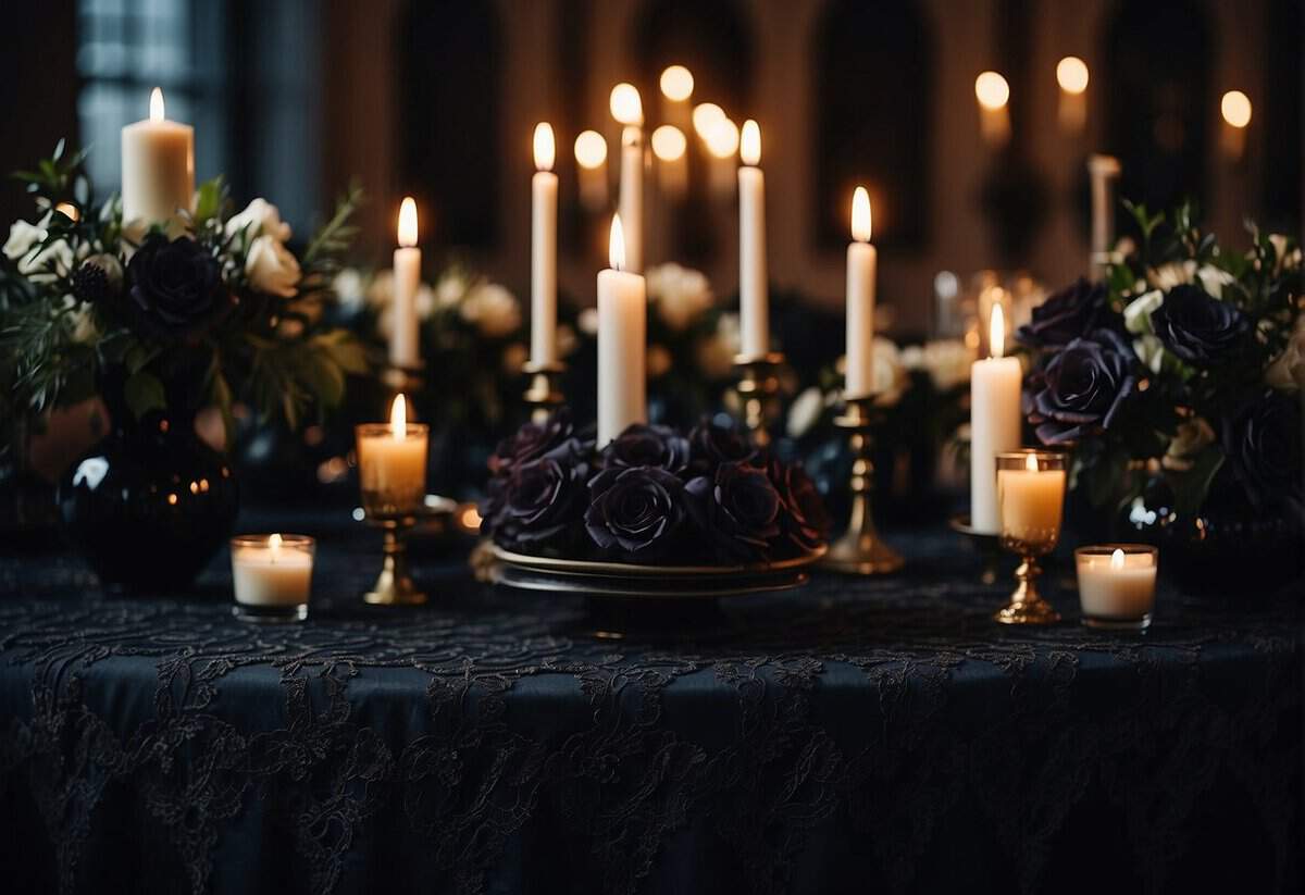 A gothic wedding scene with dark flowers, candlelit altar, and ornate black lace decorations
