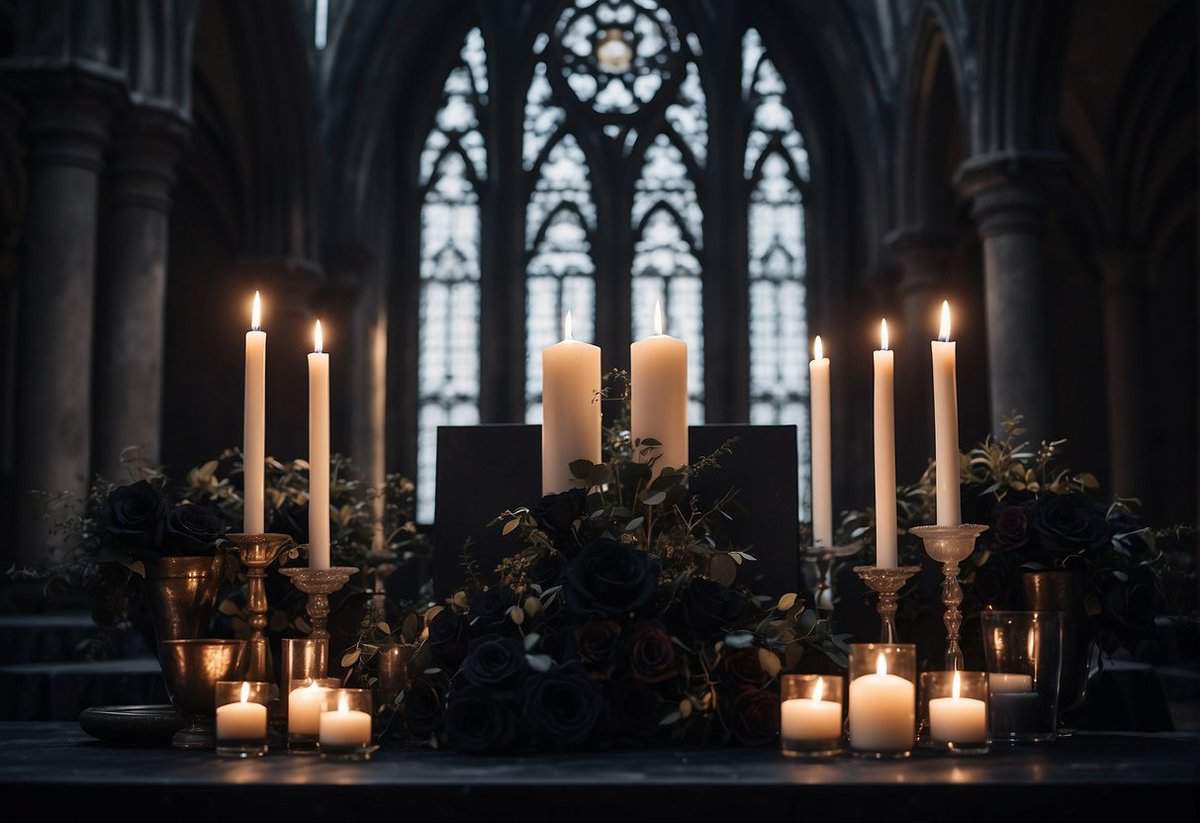 A dark, ornate wedding altar adorned with black roses and flickering candles. Gothic architecture looms in the background, setting a moody and dramatic atmosphere for the ceremony