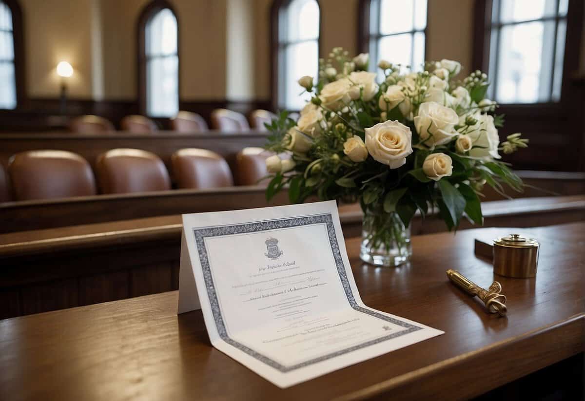 A simple courthouse ceremony: a small table with a bouquet, a marriage certificate, and two chairs facing a judge's bench