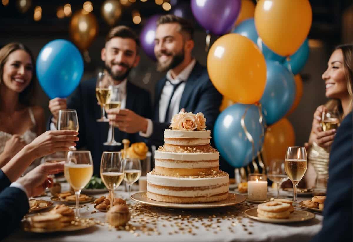 Guests toast with champagne, confetti fills the air, and a small wedding cake sits on a table. Balloons and streamers decorate the room