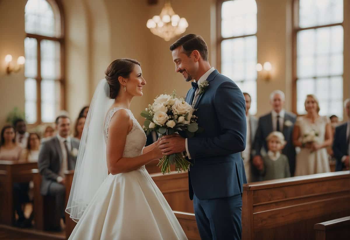 A couple exchanging vows in a quaint courthouse setting, surrounded by close family and friends. The room is adorned with simple, elegant decor, and the atmosphere is filled with love and joy