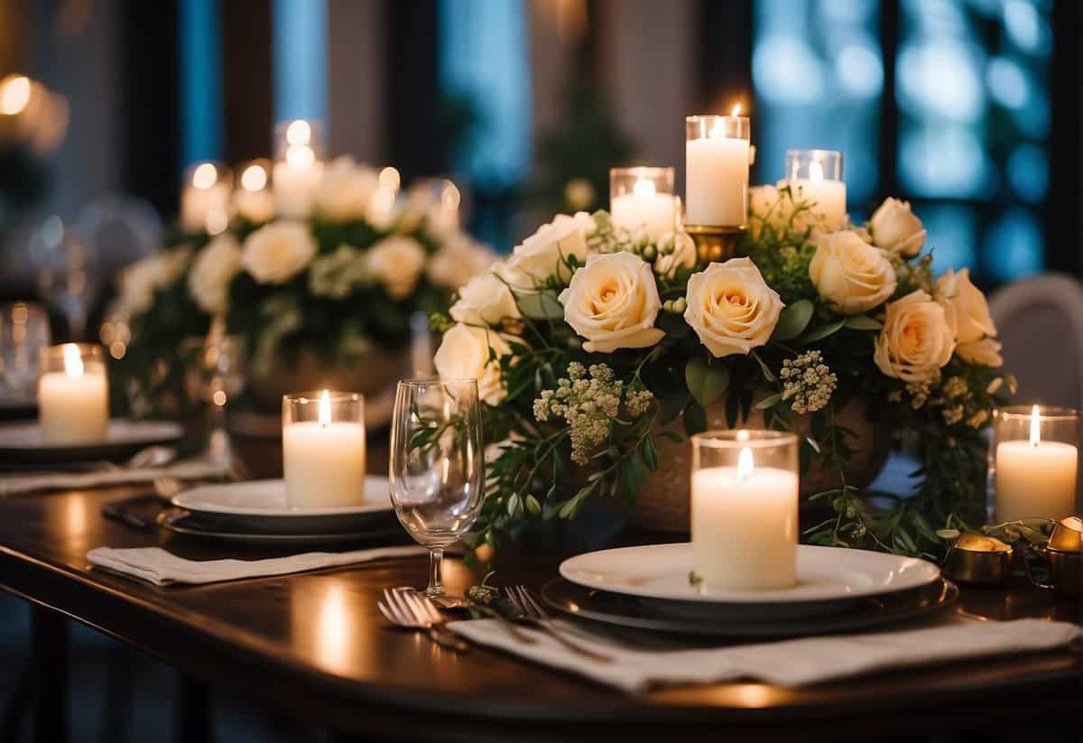A beautifully decorated sweetheart table with elegant floral centerpieces, delicate table linens, and romantic candlelight