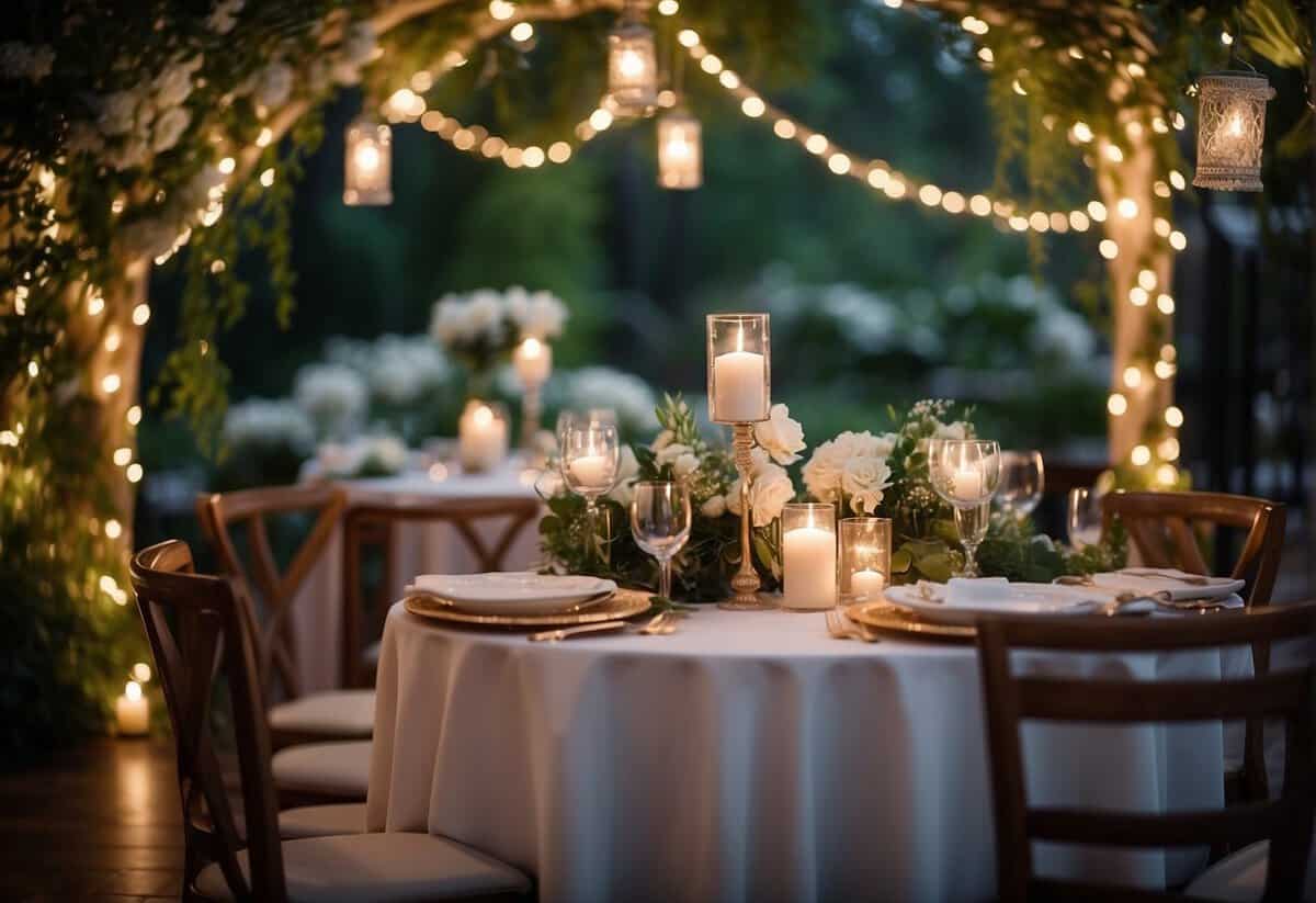 A beautifully decorated sweetheart table with elegant floral centerpieces and romantic candlelight, set against a backdrop of lush greenery and twinkling fairy lights