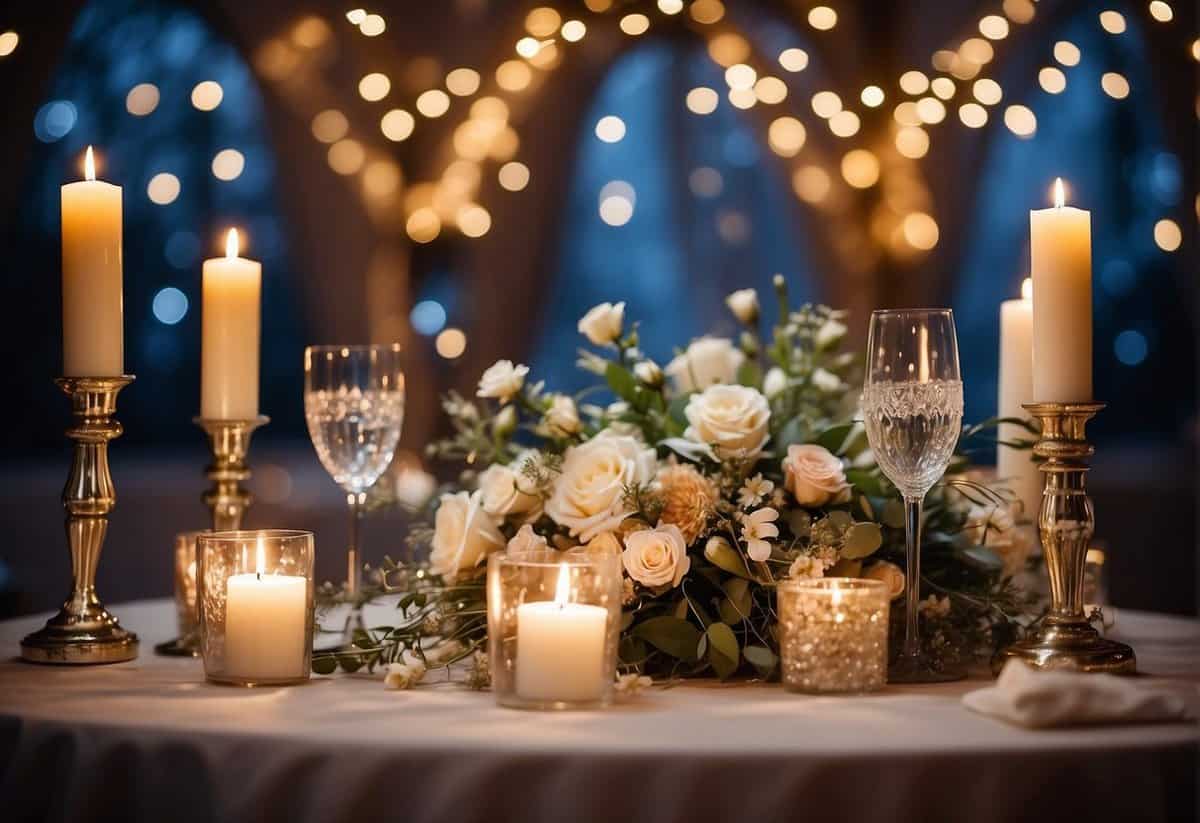 A beautifully decorated sweetheart table with elegant floral centerpieces and romantic candlelight, set against a backdrop of twinkling fairy lights and draped fabric