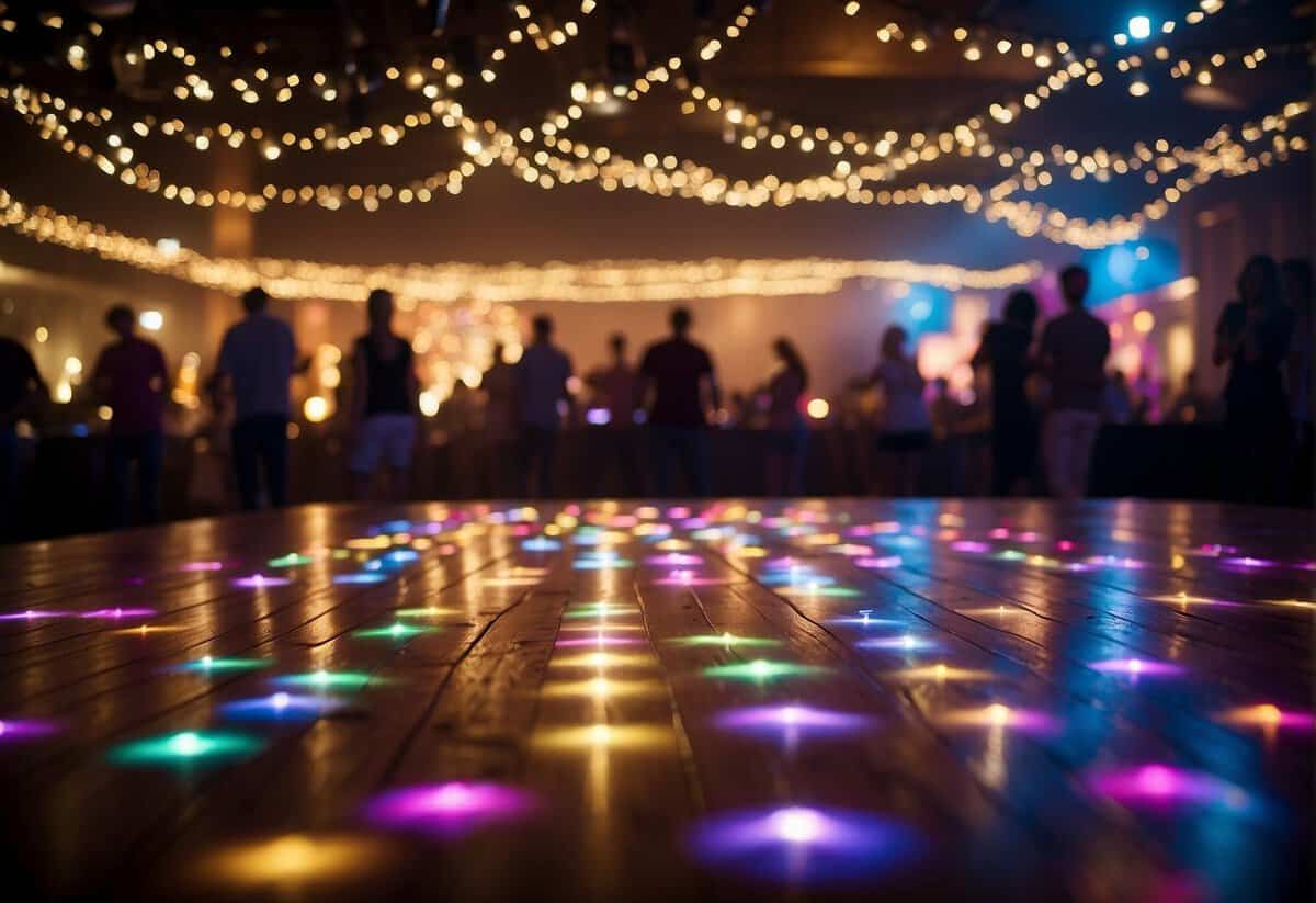 Colorful lights illuminate a dance floor surrounded by tables adorned with flowers. A live band plays upbeat music as guests mingle and enjoy interactive entertainment