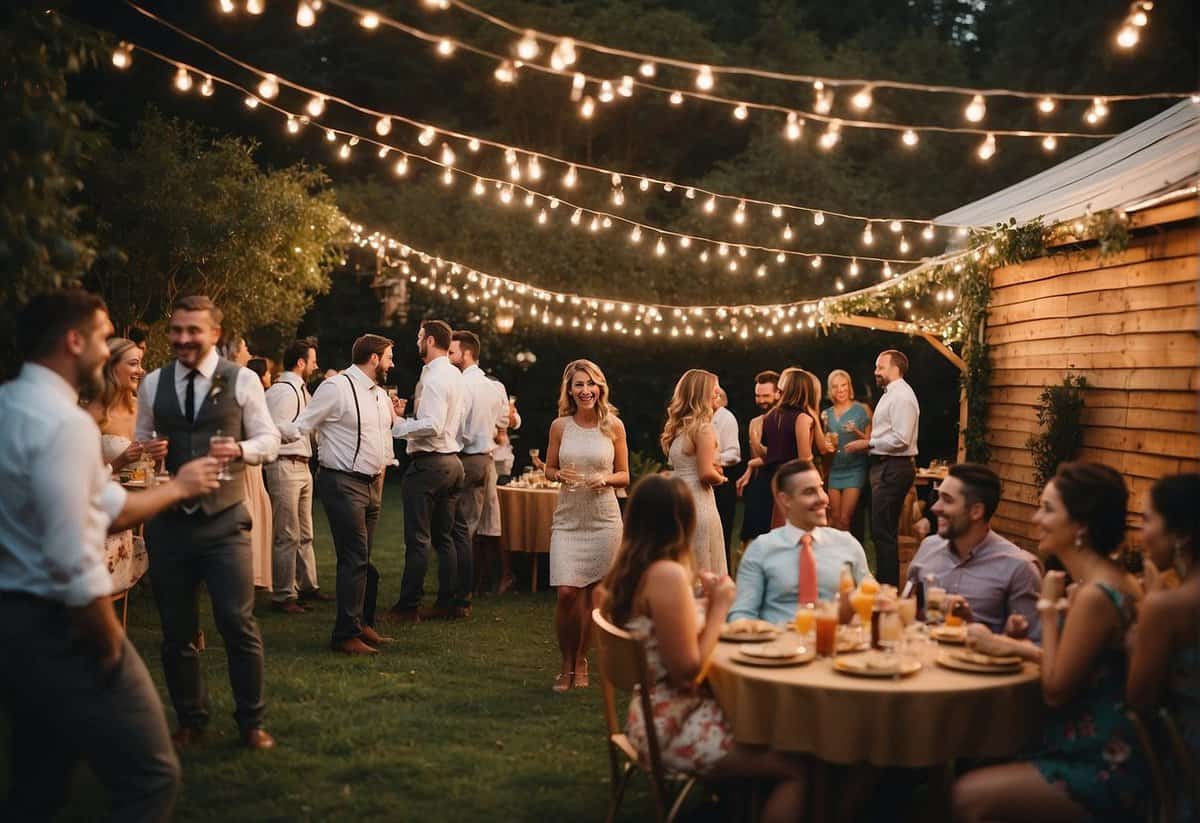 Colorful, festive wedding reception with a photo booth, lawn games, and a live band on a decorated outdoor patio. Guests mingle and dance under string lights, enjoying signature cocktails and a dessert bar