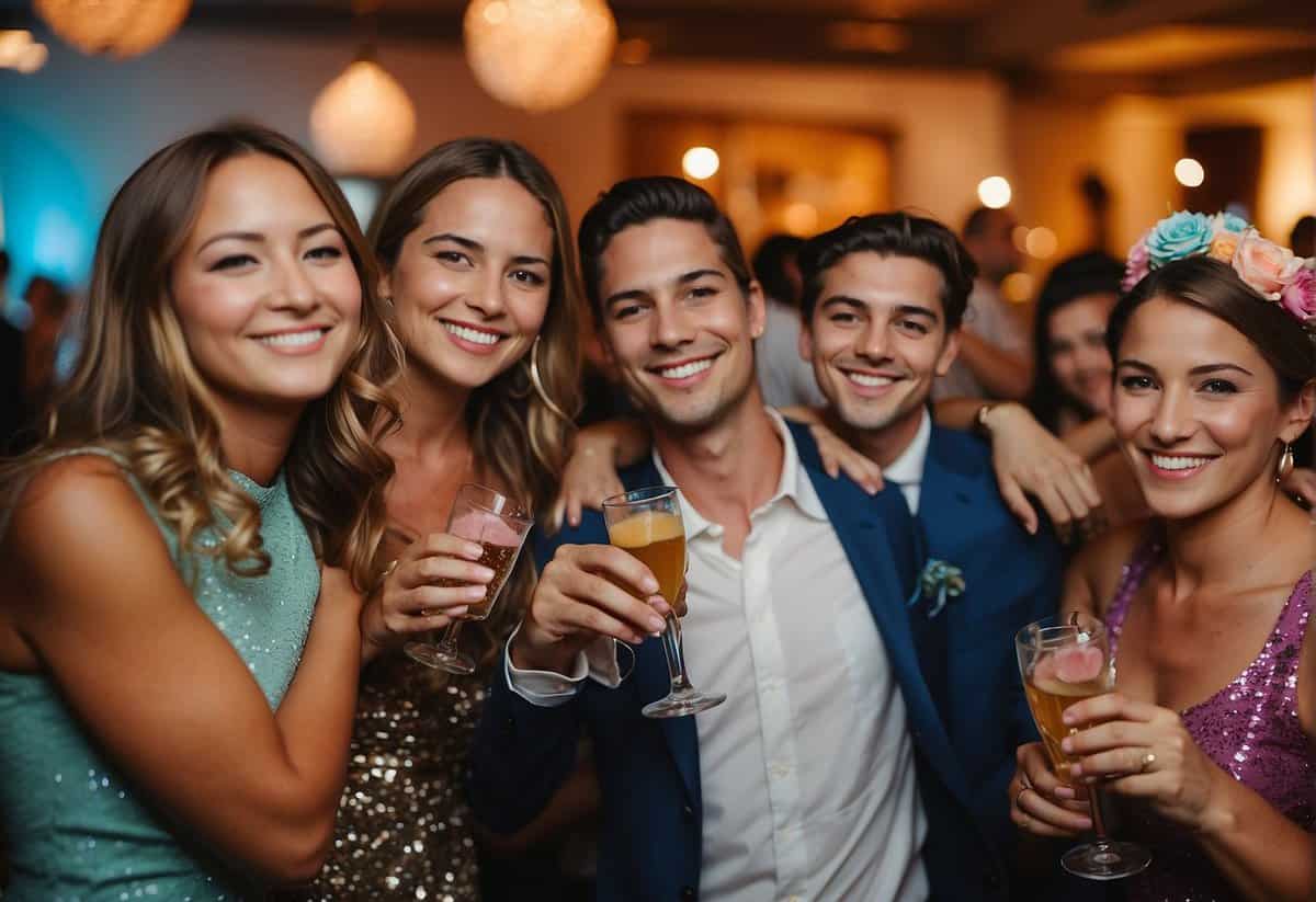 Guests mingle among tables adorned with creative centerpieces. A photo booth captures joyful moments, while a live band fills the air with lively music. A dessert table overflows with sweet treats, and a colorful dance floor awaits eager dancers