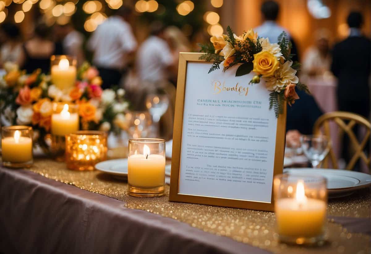 A colorful array of 100 fun wedding reception ideas displayed on a vibrant quote list, surrounded by festive decorations and joyful guests