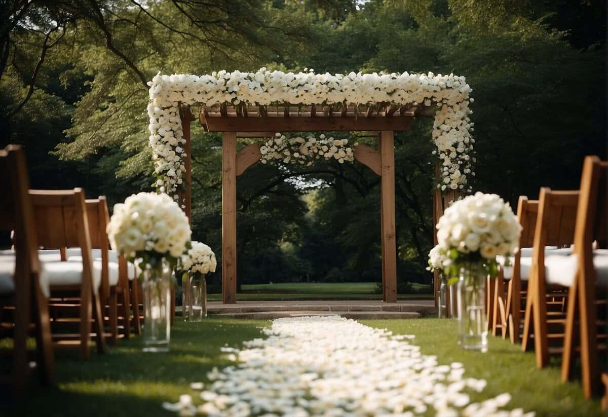 An outdoor wedding aisle lined with white flower petals and rustic wooden chairs leading to a floral archway under a canopy of trees