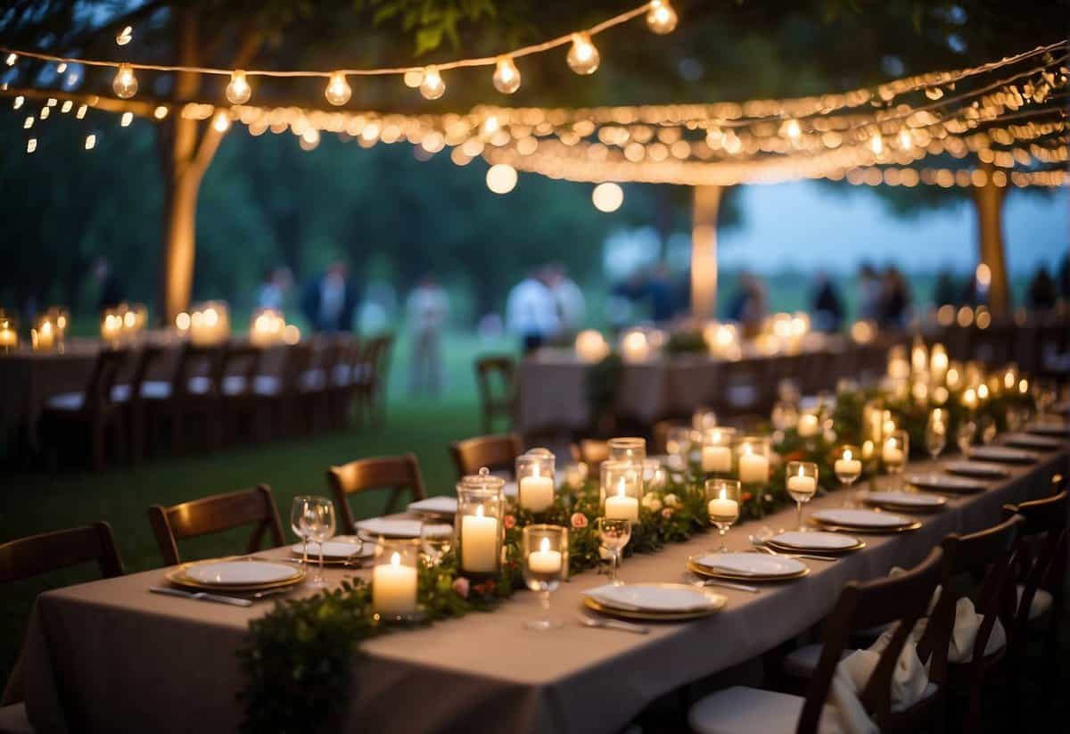 Colorful fairy lights adorn an outdoor wedding reception, creating a magical and romantic ambiance. Tables are set with elegant centerpieces and glowing candles, while guests mingle and dance under the twinkling lights