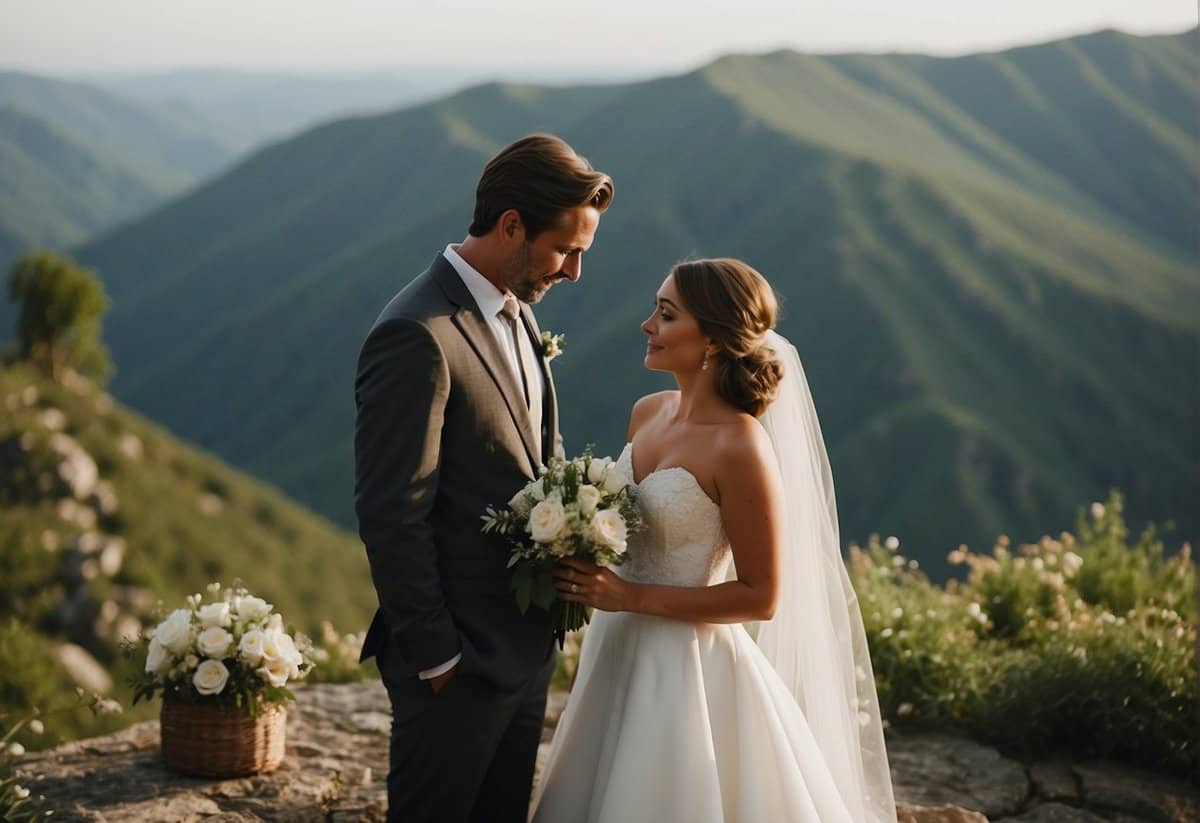 A couple exchanging vows on a mountaintop, surrounded by lush greenery and breathtaking views. A sense of adventure and romance fills the air as they stand on the edge of a cliff, declaring their love