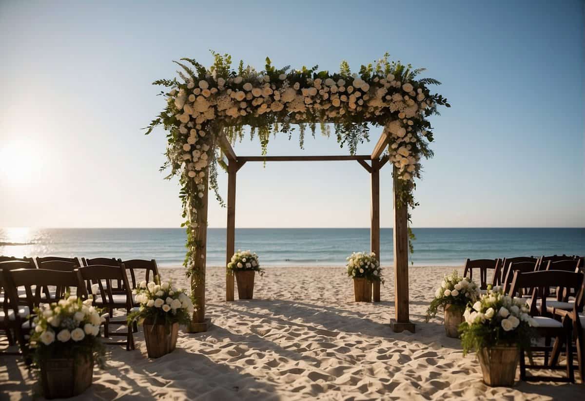 A picturesque beach setting with a rustic wooden arch adorned with flowers. A pathway lined with lanterns leads to the ceremony area. The ocean provides a stunning backdrop for a destination wedding