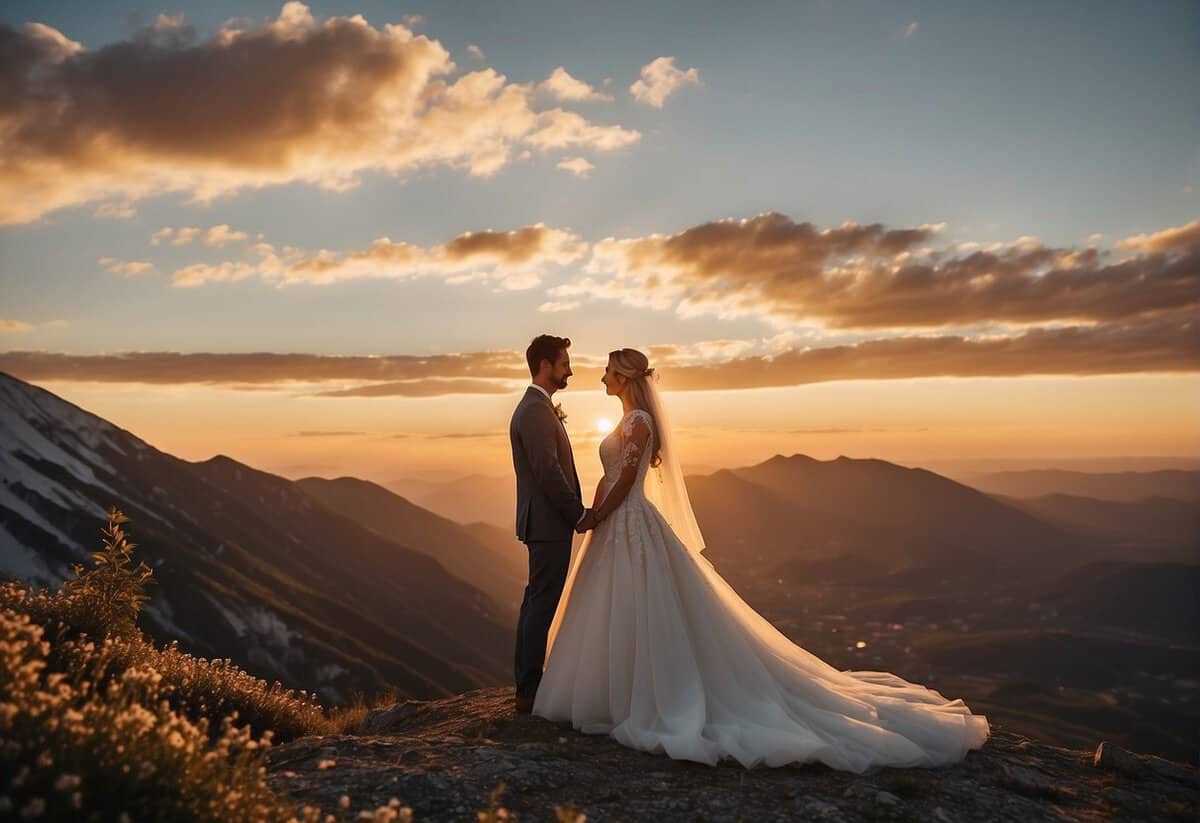 A couple stands atop a mountain, exchanging vows with a breathtaking view of the sunset behind them. A small intimate ceremony set against a dramatic natural backdrop