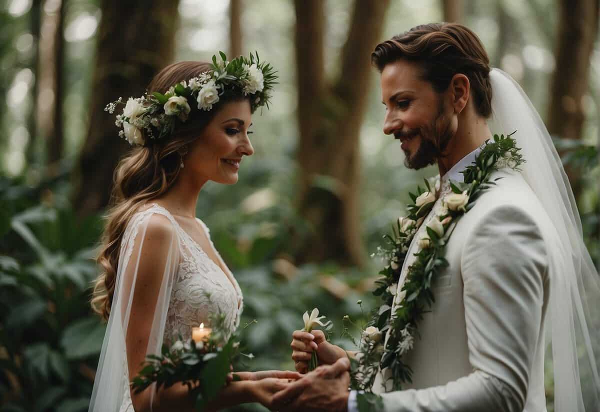 A couple exchanging vows in a lush, remote forest surrounded by towering trees, with a sustainable altar made of recycled materials and biodegradable decorations