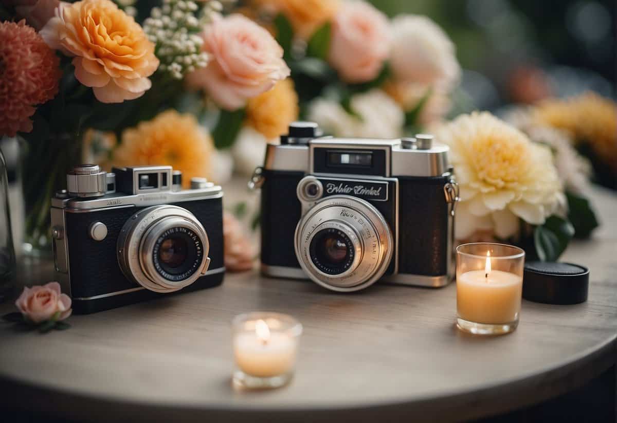 A table with vintage polaroid cameras, wedding rings, and floral arrangements
