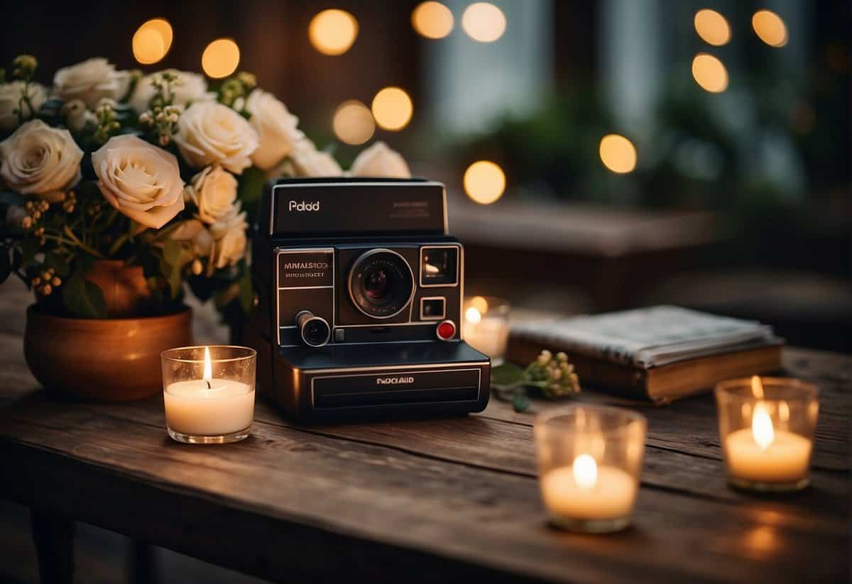 A polaroid camera sits on a rustic wooden table, surrounded by soft candlelight and delicate floral arrangements, capturing intimate moments at a wedding