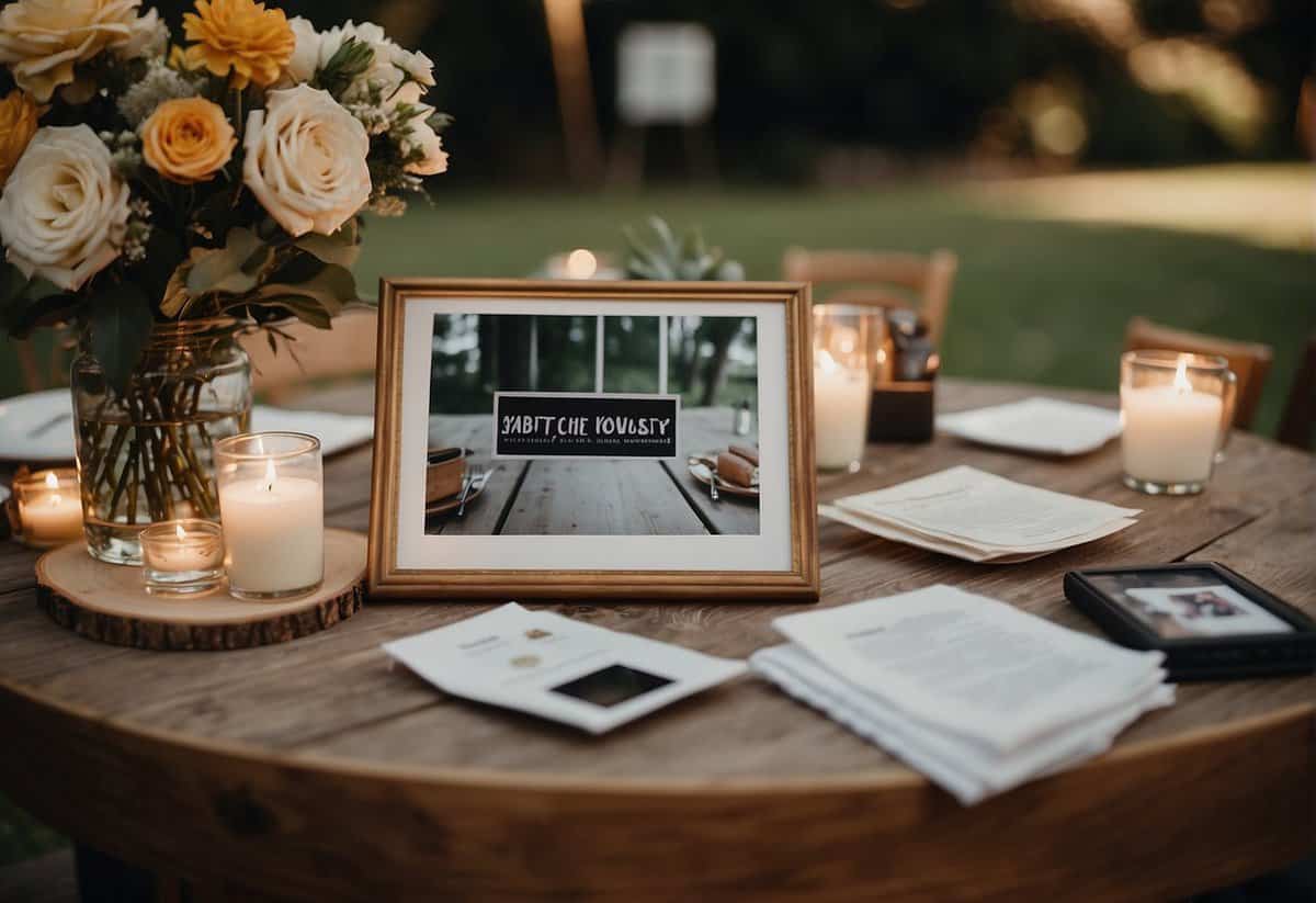 A table with polaroid photos, a guest book, and a sign "Capture the Moment" at a wedding reception