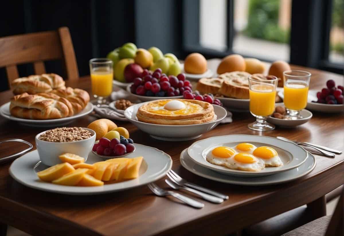A table set with 25 breakfast items, including fruit, pastries, and eggs, with a decorative centerpiece and elegant place settings