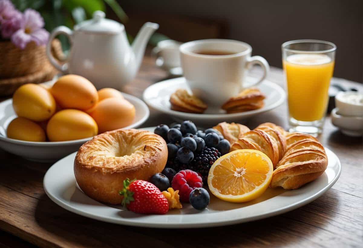 A table set with various breakfast items, such as fruits, pastries, and eggs, with a list of 26-50 breakfast ideas for a wedding morning