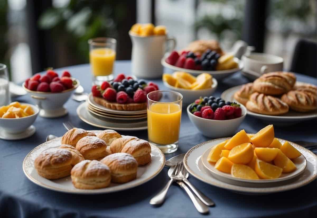 A table set with an array of breakfast items, from pastries to fruit, with elegant plates and utensils, ready for a wedding morning celebration