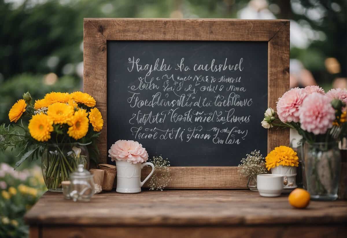 A chalkboard with various wedding hashtag ideas written in colorful calligraphy, surrounded by flowers and wedding decor