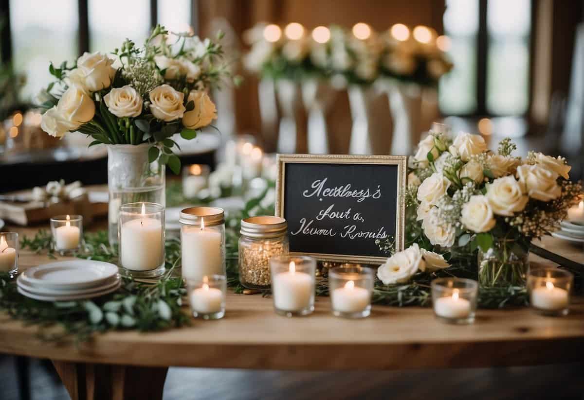 A table covered in wedding-themed decor, with a list of hashtag ideas displayed on a sign, surrounded by flowers and wedding favors