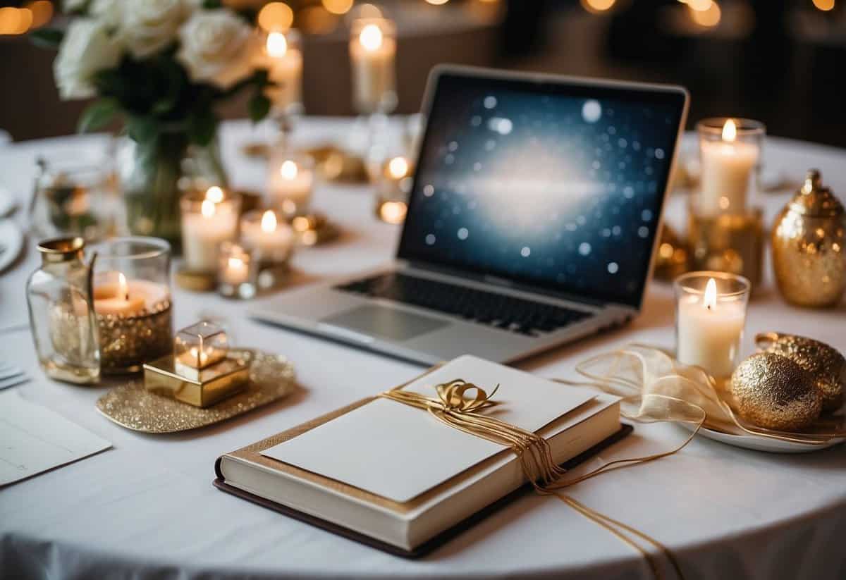 A table covered in wedding decor and a notebook filled with hashtag ideas