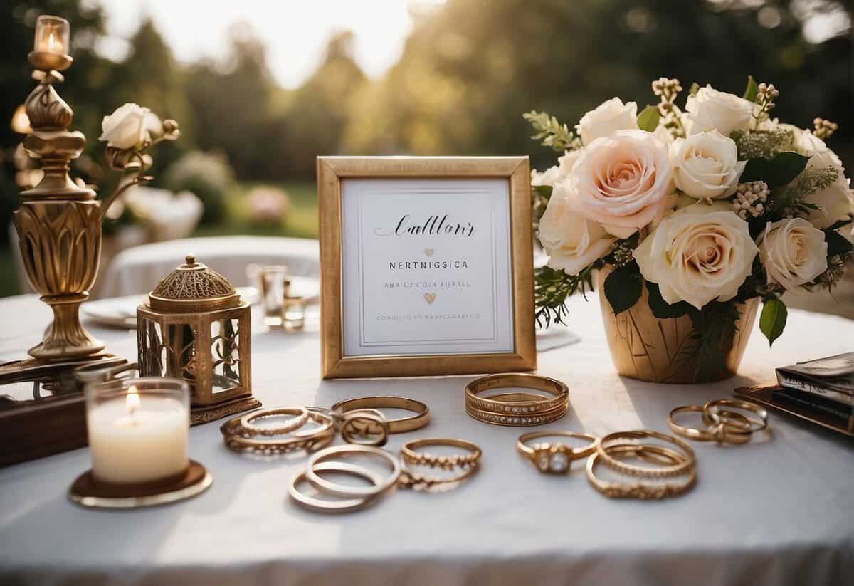 A table with a variety of wedding-related items like rings, flowers, and a sign with the quote list 76-100 wedding hashtag ideas displayed prominently