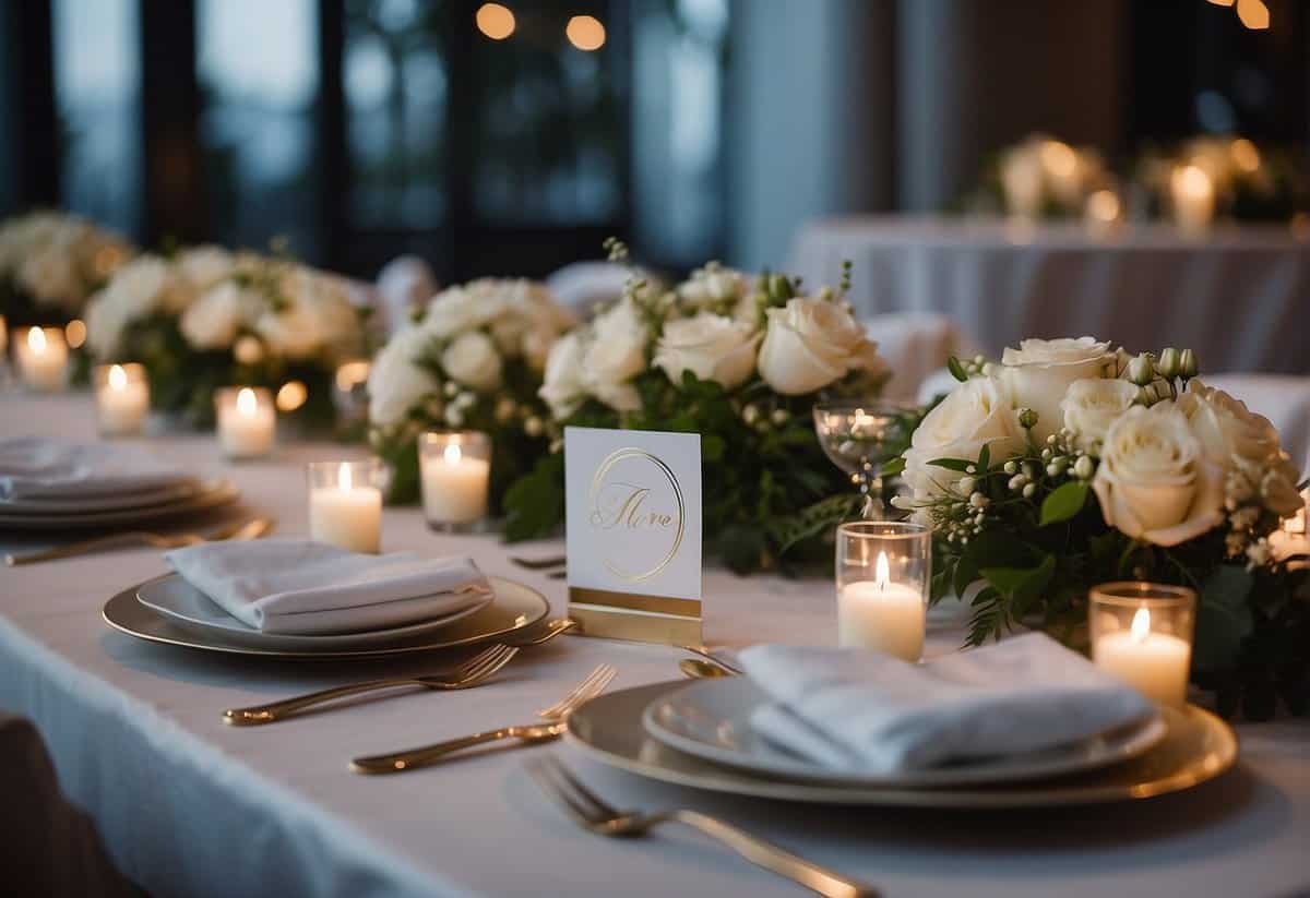 Elegant wedding place cards arranged on a table with floral centerpieces and soft candlelight