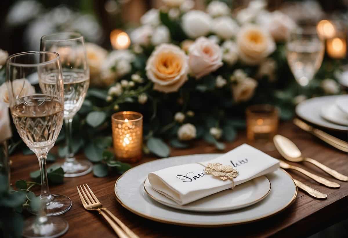 A table set with various wedding place card ideas, including elegant calligraphy, floral designs, and unique shapes