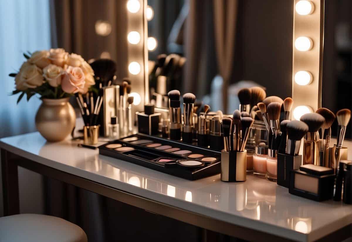 A table with various makeup products and brushes arranged neatly, with a mirror reflecting the soft glow of a wedding venue in the background