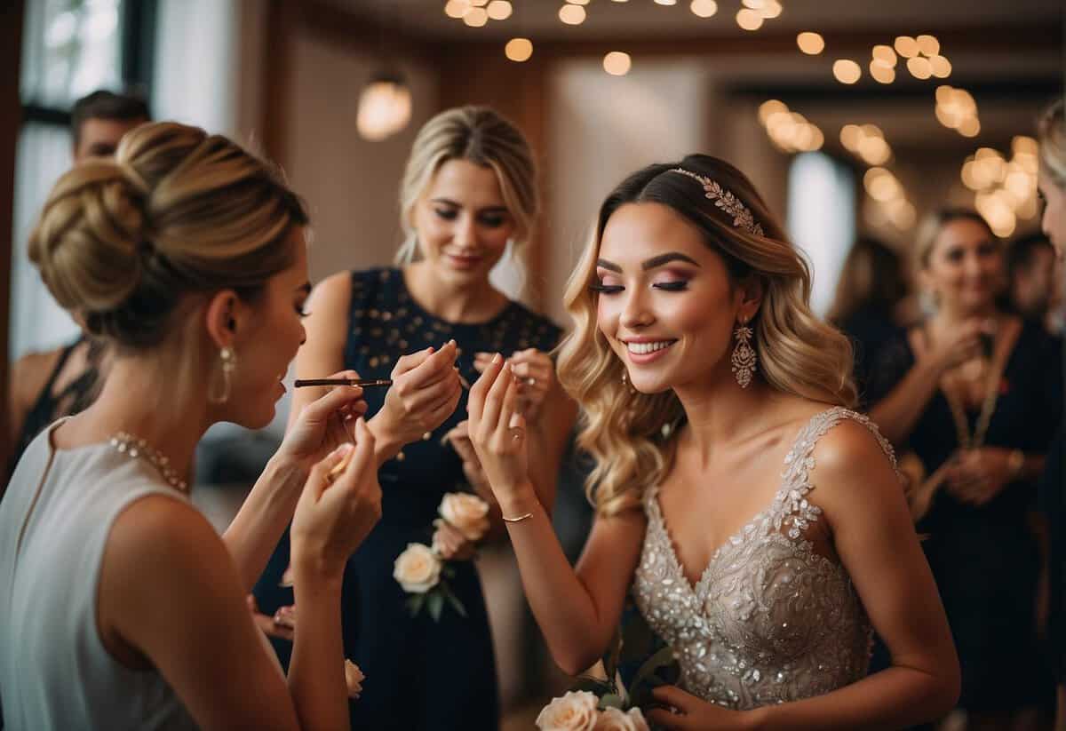 Wedding guests applying Cheeky Glow makeup, surrounded by elegant floral decor