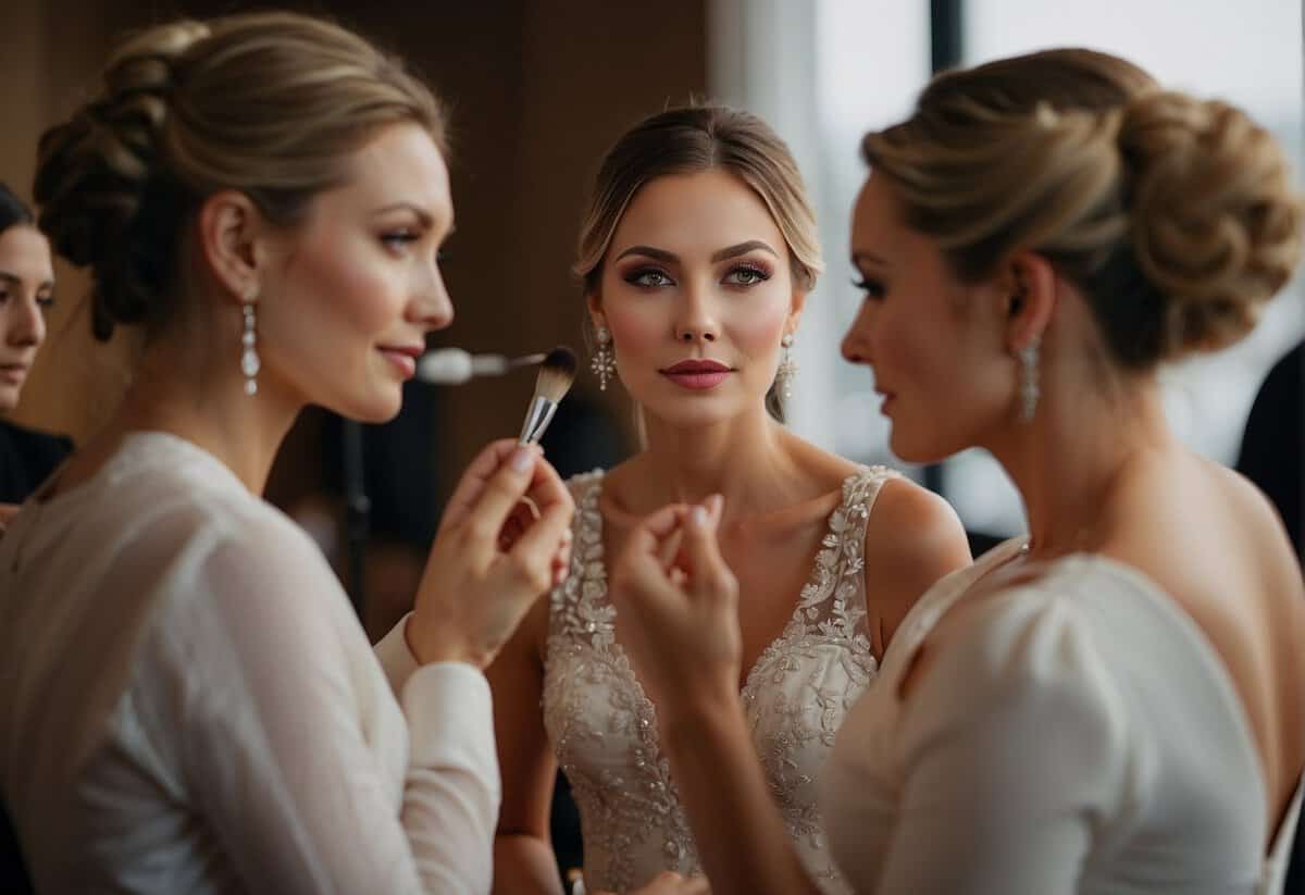 Wedding guests receive final makeup touches: rosy cheeks, shimmering eyeshadow, and glossy lips