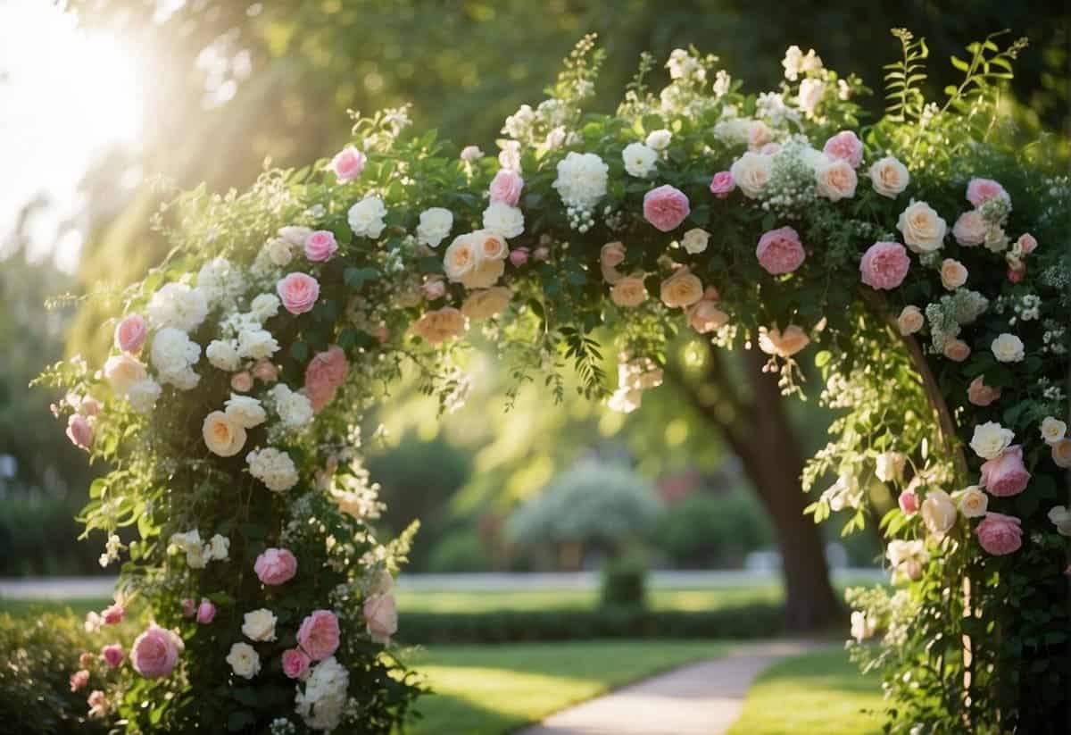 A floral-covered wedding arch stands in a sunlit garden, with cascading greenery and delicate blooms creating a romantic and elegant backdrop