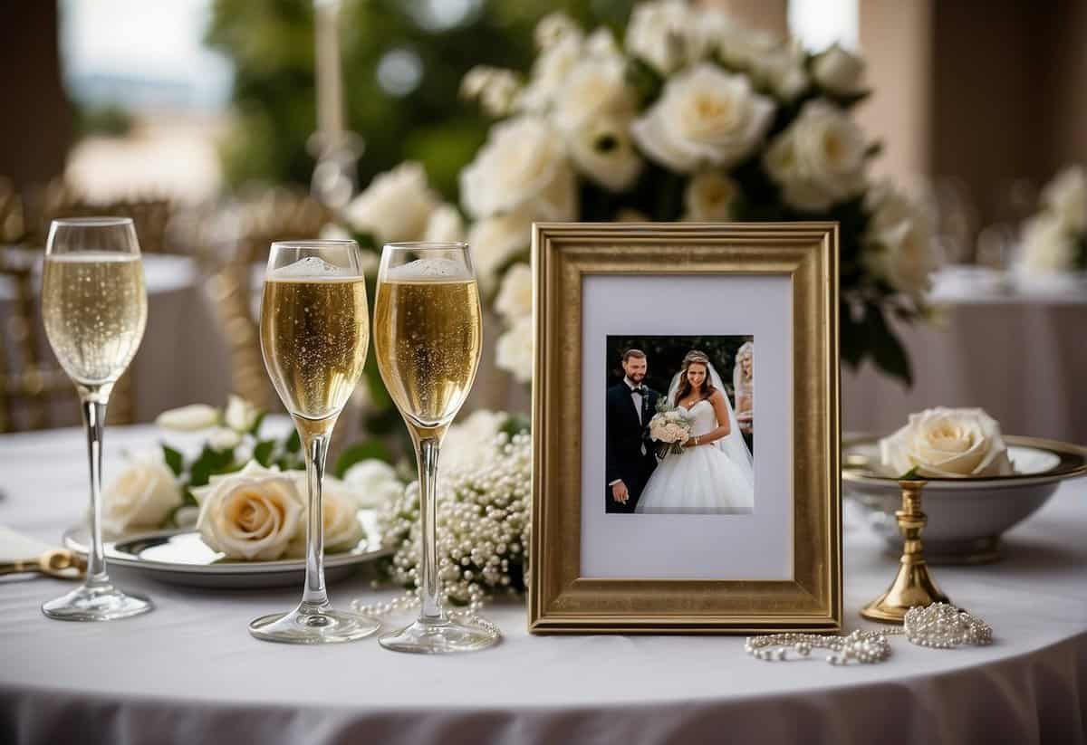 A table set with wedding memorabilia: photos, invitations, flowers, and lace. A pair of champagne glasses and a guest book complete the display