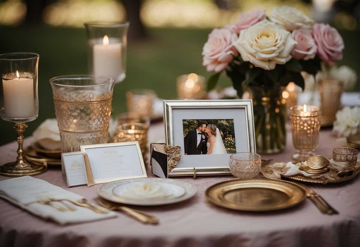 A table with various wedding memorabilia spread out, including invitations, photos, and decorative elements like flowers and ribbons