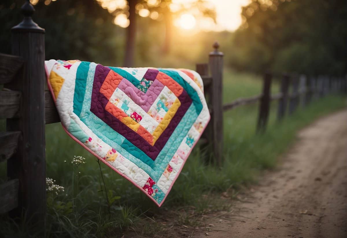 A colorful wedding quilt draped over a rustic wooden fence, with delicate floral patterns and a heart-shaped design in the center