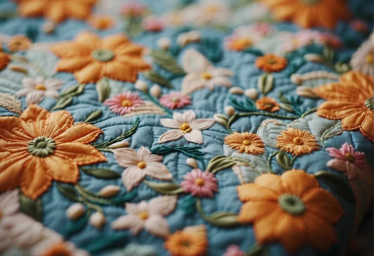 A colorful wedding quilt with intricate patterns and personalized embroidery, surrounded by flowers and wedding decor