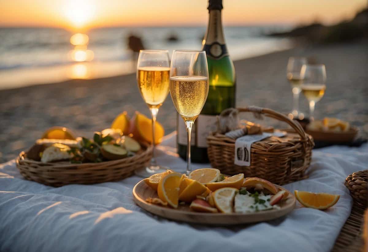 A beachside picnic with champagne and a sunset view