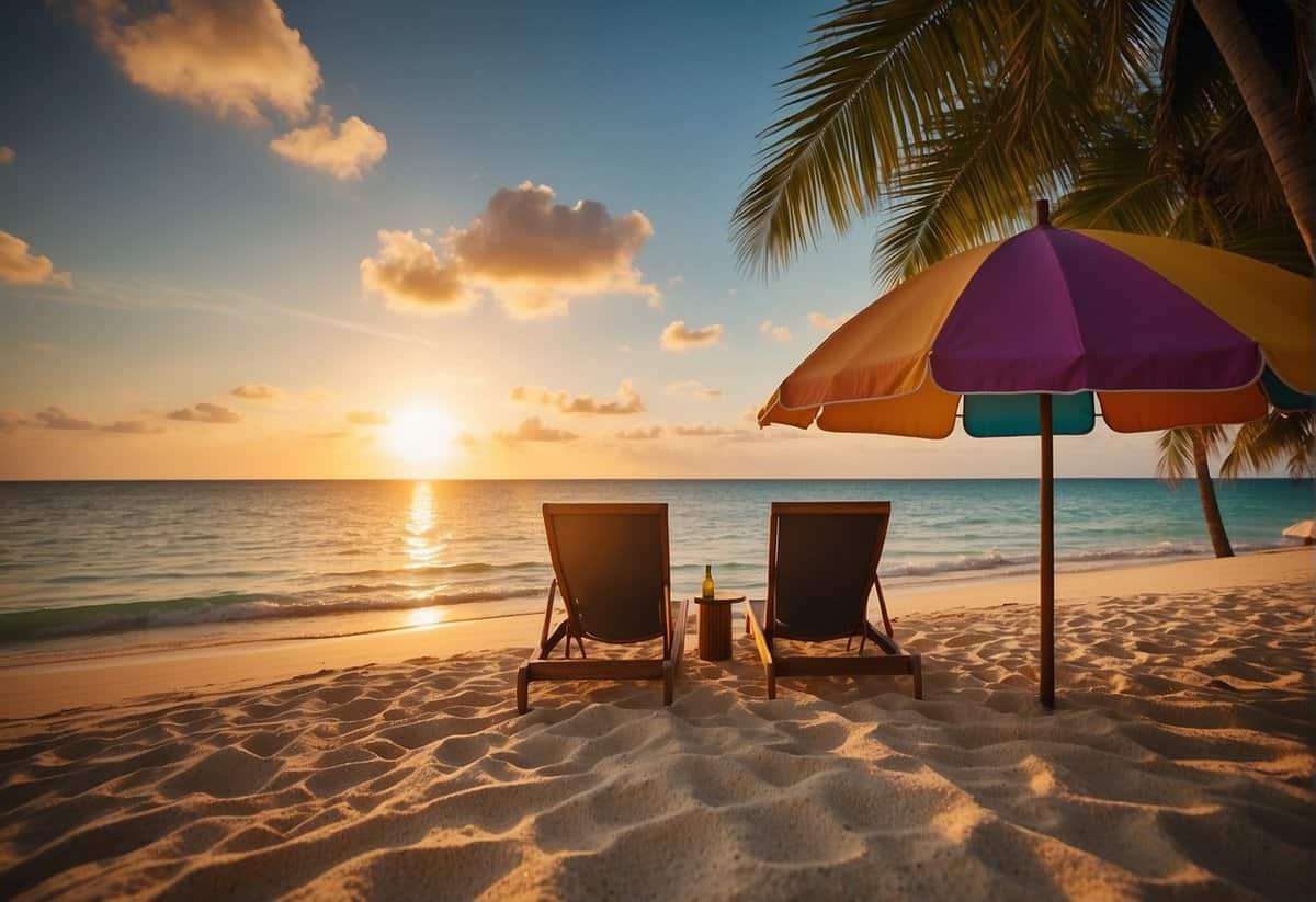 A couple lounges on a tropical beach, sipping cocktails under a colorful umbrella, with a stunning sunset in the background