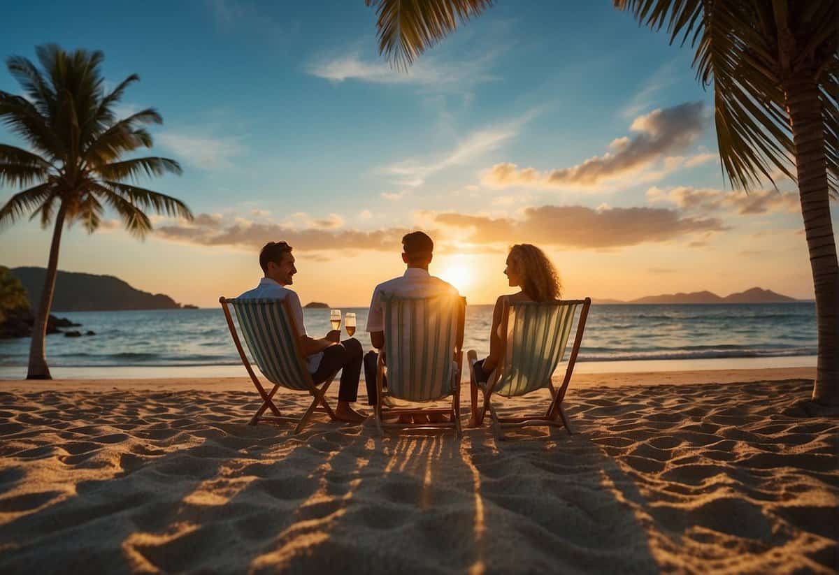 A couple sits on a beach at sunset, toasting with champagne. A tropical island resort is visible in the background, with palm trees and a clear blue ocean