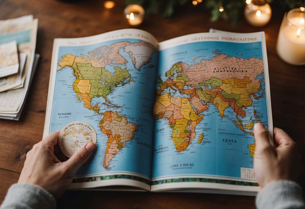 A couple's hands holding a map with various vacation destinations marked, surrounded by travel brochures and a calendar showing the date of their 30th wedding anniversary
