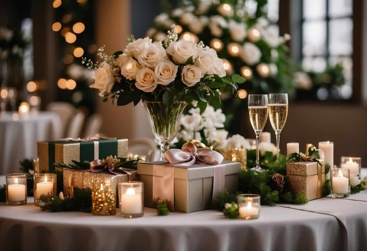 A table adorned with elegant gift boxes, champagne flutes, and personalized favors. A backdrop of floral arrangements and twinkling lights sets the scene for a luxurious wedding party