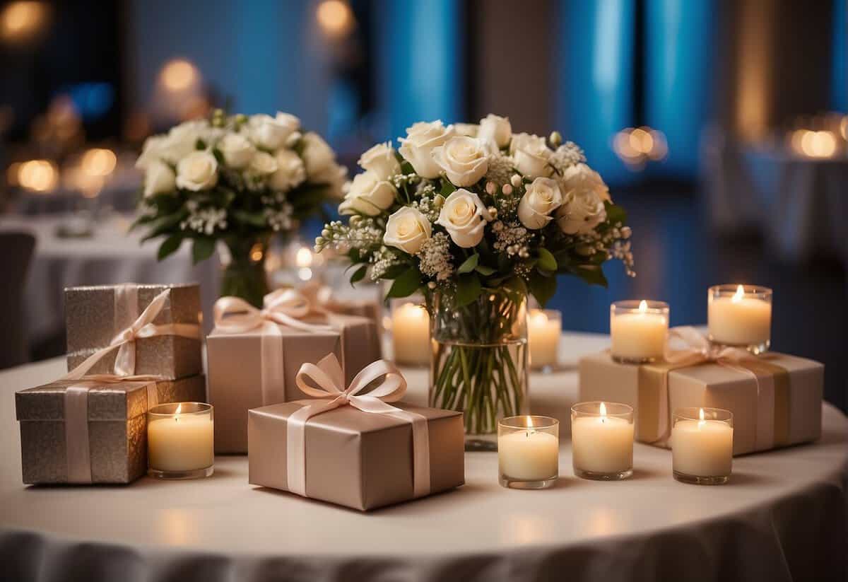 Gifts displayed on elegant tables, surrounded by soft lighting and beautiful floral arrangements. A sign reads "Wedding Party Gift Ideas" above the display