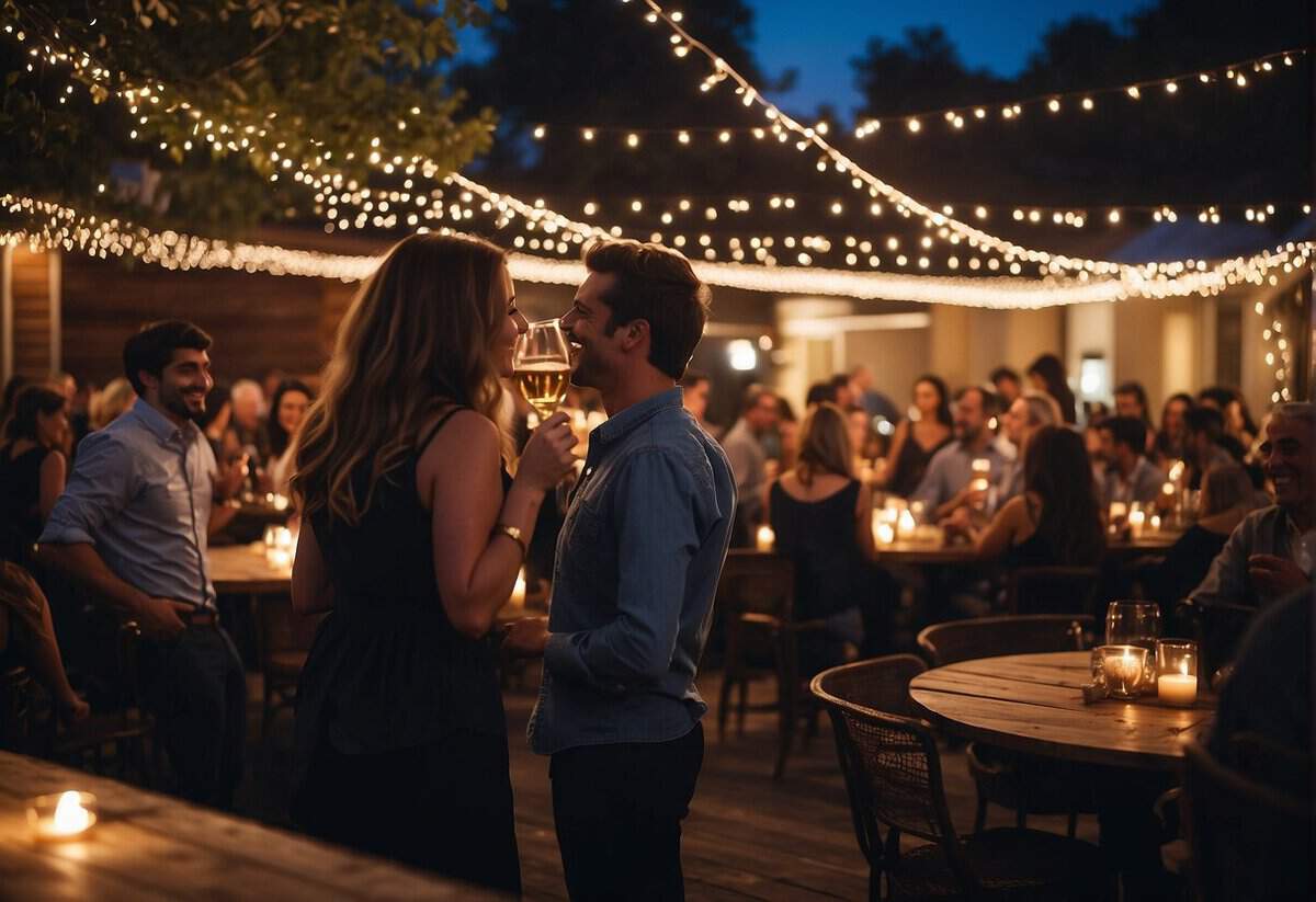 Guests dancing under twinkling lights, enjoying late-night snacks and drinks, while a live band plays in the background